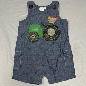 Mud Pie Denim Romper with Green Tractor and Chicken